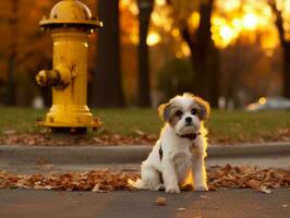 schattig puppy zittend door een brand hydrant ai generatief foto