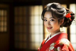 mooi Japans nationaliteit vrouw glimlachen en vervelend kimono portretten bokeh stijl achtergrond foto