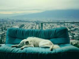 nadenkend hond resting Aan een zacht bankstel met een visie van de stad ai generatief foto