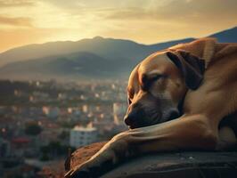 nadenkend hond resting Aan een zacht bankstel met een visie van de stad ai generatief foto