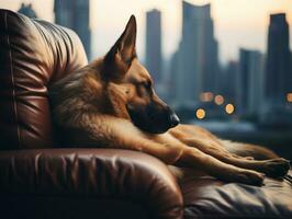 nadenkend hond resting Aan een zacht bankstel met een visie van de stad ai generatief foto