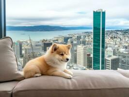 nadenkend hond resting Aan een zacht bankstel met een visie van de stad ai generatief foto