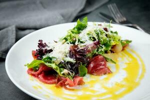 salade met rood kool, vlees, kaas en kruiden met saus in een ronde bord kant visie foto