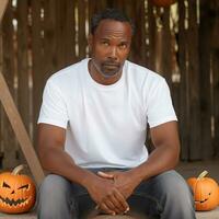 ai generatief knap Afrikaanse Amerikaans Mens poseren met halloween, herfst achtergrond. t overhemd mockup beeld foto