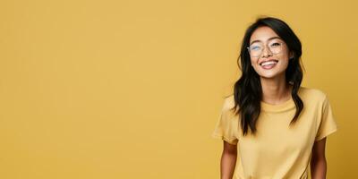 ai generatief aantrekkelijk vrouw vervelend geel t-shirt en bril. geïsoleerd Aan geel achtergrond. foto