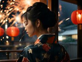 jong vrouw in kimono op zoek Bij vuurwerk Aan de nacht lucht, ai gegenereerd foto