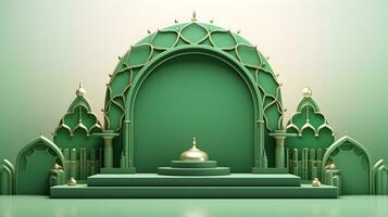 groen Islamitisch boog met gouden accenten en koepel Aan trap foto
