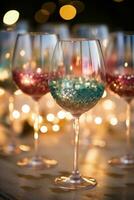 berijpt wijn bril versierd met fee lichten creëren een magisch sfeer gevangen genomen in een palet van betoverend smaragd groen fee stof goud en een hint van pixie roze foto