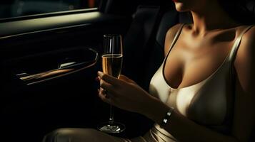 een rijk vrouw met een glas van Champagne in luxe auto foto
