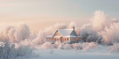 generatief ai, winter esthetisch landschap met huis panorama, gedempt neutrale kleuren, Woud en bergen.. foto