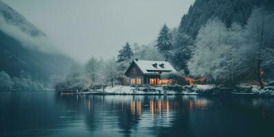 generatief ai, winter esthetisch landschap met huis panorama, gedempt neutrale kleuren, Woud en bergen.. foto