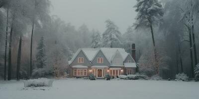 generatief ai, winter esthetisch landschap met huis panorama, gedempt neutrale kleuren, Woud en bergen.. foto
