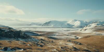 generatief ai, winter esthetisch landschap panorama, gedempt neutrale kleuren, Woud en bergen. foto