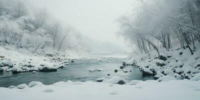 generatief ai, winter esthetisch landschap panorama, gedempt neutrale kleuren, Woud en bergen. foto