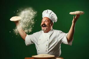 chef gooien pizza deeg geïsoleerd Aan een helling basilicum groen achtergrond foto