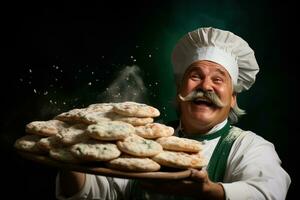 chef gooien pizza deeg geïsoleerd Aan een helling basilicum groen achtergrond foto