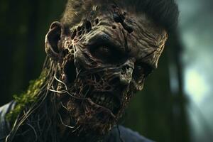 generatief ai, Mens met cordyceps groeit Aan en uit van zijn gezicht en hoofd, zombie foto
