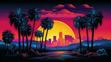 ansichtkaart van Californië, palmen en gebouwen Bij zonsondergang. neon stijl foto