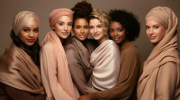 groep van zes Dames met verschillend etniciteit en huid tonen poseren in studio. foto