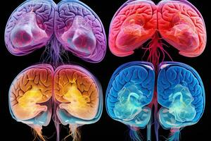 menselijk hersenen studie concept. vier verschillend hersenen Aan een donker achtergrond. generatief ai foto
