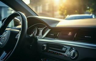 Mens het rijden een luxe voertuig beschrijven de start Stop, en selecteren de klimaat controle in een elektrisch voertuig. Mens controlerend de lucht conditioning temperatuur in een auto. ai generatief foto