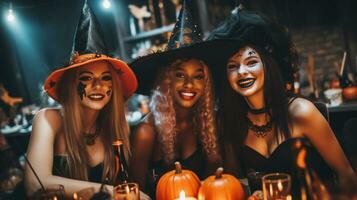 gelukkig Dames vieren halloween vakantie. verschillend mensen hebben pret Bij feest. glimlachen meisjes in spookachtig kostuums van heksen. ai generatief foto