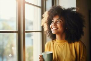 gelukkig zwart vrouw met kop van koffie of thee. glimlachen persoon op zoek uit de venster. Internationale koffie dag concept.gezellig en ontspannen langzaam ochtend. ai generatief foto