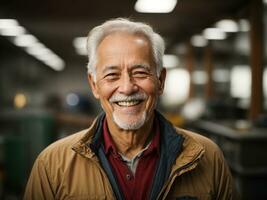 portret van gelukkig midden- oud ingenieur staand in kantoor, volwassen ingenieur bouw, glimlachen Directeur op zoek Bij camera staand buiten, senior professioneel. ai generatief foto