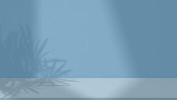 achtergrond studio cement kamer Scherm met schaduw palm boom en zonlicht Aan blauw muur structuur achtergrond,banner backdrop voor voorjaar ,zomer winter kunstmatig Product weergeven, model schoonheid presentatie foto