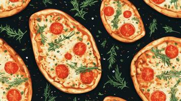 pizza plakjes naadloos patroon donker achtergrond, ai gegenereerd foto