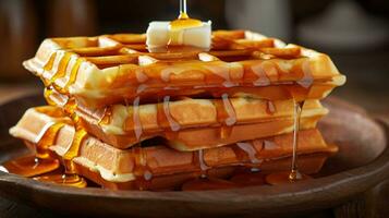 stack van gouden wafels bekroond met boter en esdoorn- siroop, ai gegenereerd foto