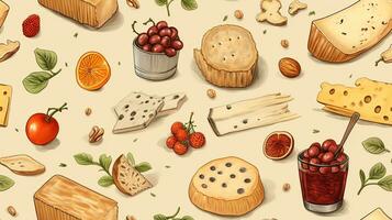 kaas en fruit fijnproever wijnoogst naadloos patroon, ai gegenereerd foto