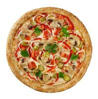 vegetarisch pizza met paddestoelen, augurken, tomaten, klok pepers, uien, olijven en Groenen Aan gesmolten Mozzarella foto