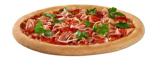 vlees pizza met salami, gerookt kip, prosciutto, pelati tomaat saus, Mozzarella ang Groenen foto