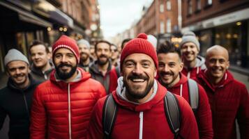 groot groep van mannen deelnemen in movember liefdadigheid wandelen in stad foto