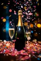 Champagne fles knallen met confetti vieren een speciaal moment geïsoleerd Aan een wit achtergrond foto
