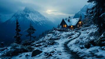 hartelijk lit hut temidden van sneeuw gekleed wandelen spoor achtergrond met leeg ruimte voor tekst foto