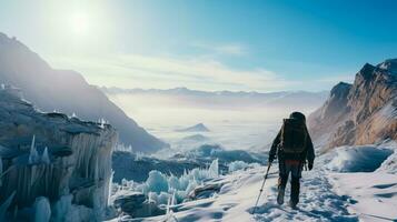 ijs klimmer oplopend ijzig arctisch top achtergrond met leeg ruimte voor tekst foto