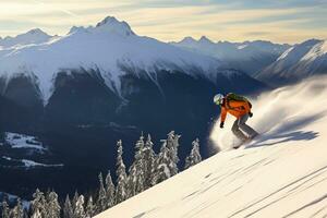 snowboarder daalt af ongerept onaangeroerd helling te midden van sneeuw afgestoft berg bereiken foto