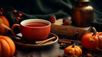pompoen kruid kop van thee voorraad foto, knus theetijd herfst drankje, generatief ai foto