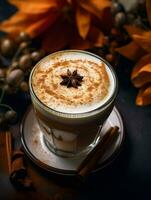 pompoen kruid latte, bevroren koffie achtergrond foto, generatief ai foto