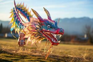 kleurrijk draak vliegers stijgend hoog voor een nieuw jaren traditie foto