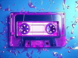 oud wijnoogst audio cassette plakband lit door roze en blauw lampen. voorkant, top visie. generatief ai foto