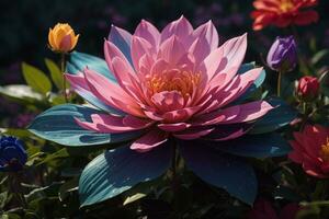 een roze lotus bloem met blauw en Purper bloemblaadjes ai generatief foto