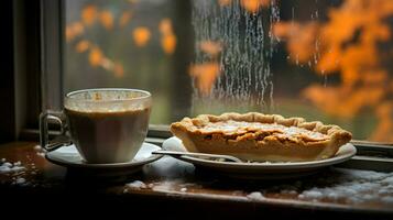 pompoen taart achtergrond, koffie tijd, generatief ai foto