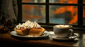 pompoen taart achtergrond, koffie tijd, generatief ai foto