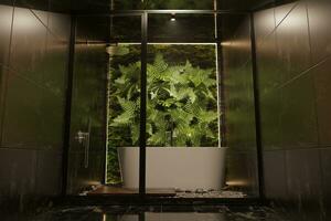 3d renderen van badkamer interieur, zwart toilet, donker ontwerp, minimalisme, modern klassiekers gecombineerd met tropisch planten, natuur, bladeren Aan de muur, eco stijl foto