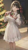 schattig anime meisje Holding Cadeau geschenk voor feestelijk moment Kerstmis tijd foto
