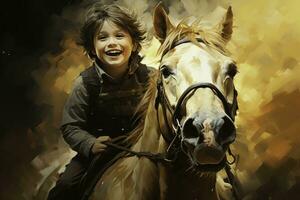 een paard geven een autistisch kind een blij rijden geïsoleerd Aan een gouden helling achtergrond foto