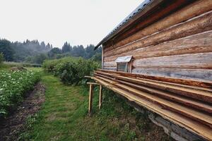 voorkant visie van houten huis in Russisch dorp in zonnig zomer dag foto